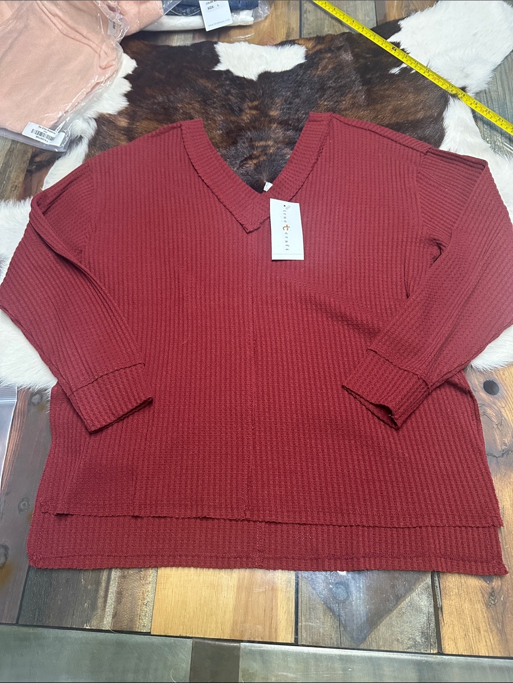 NWT True Craft Waffle-Knit V-Neck Long Sleeve Top - Burgundy